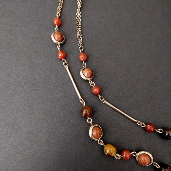 Long tiger's eye, orange glass and rust sparkle beaded 2 strand necklace - Picture 7 of 15